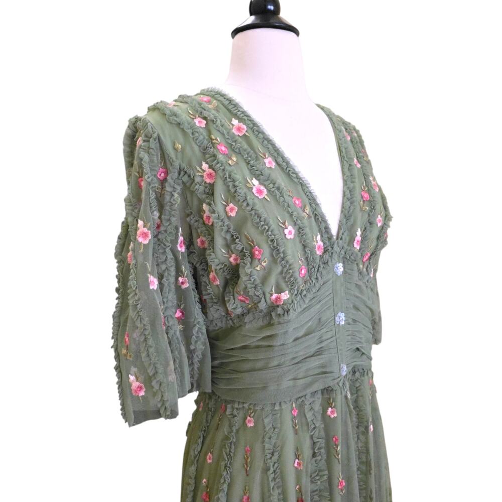 Mac Duggal 8028 Green Moss Floral Embroidered Tulle Gown Flutter Sleeve Dress 18 - Picture 10 of 14
